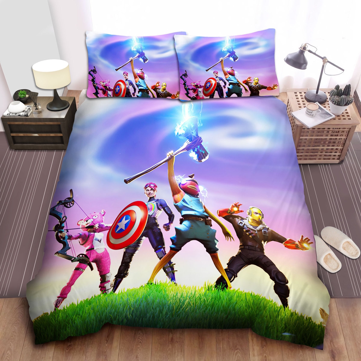 fortnite characters with weapons of avengers bed sheets spread bettwäsches 6574
