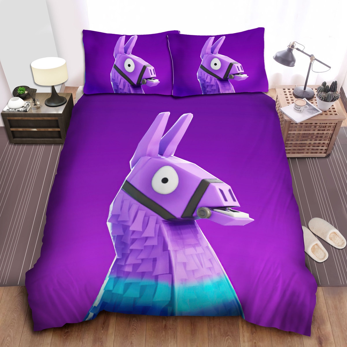 fortnite funny amazed llama on purple bed sheets spread bettwäsches 2939